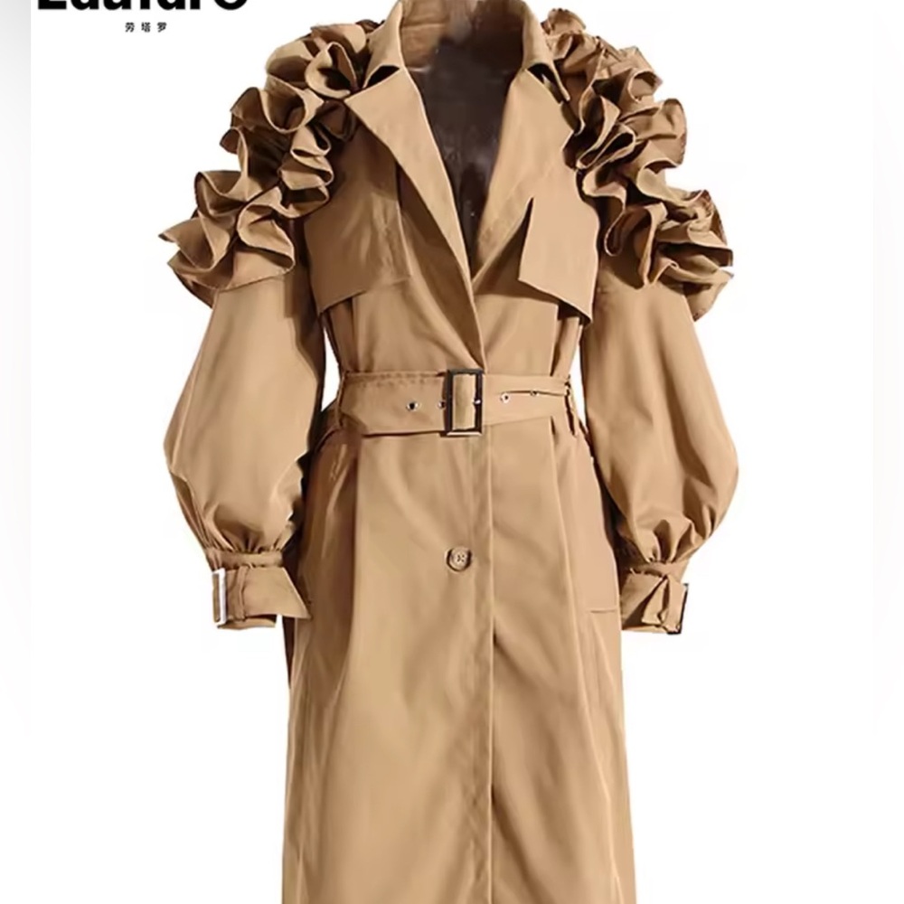 NEW $195 London Britberry Tan Ruffle Sleeve Trench Coat - Picture 2 of 11